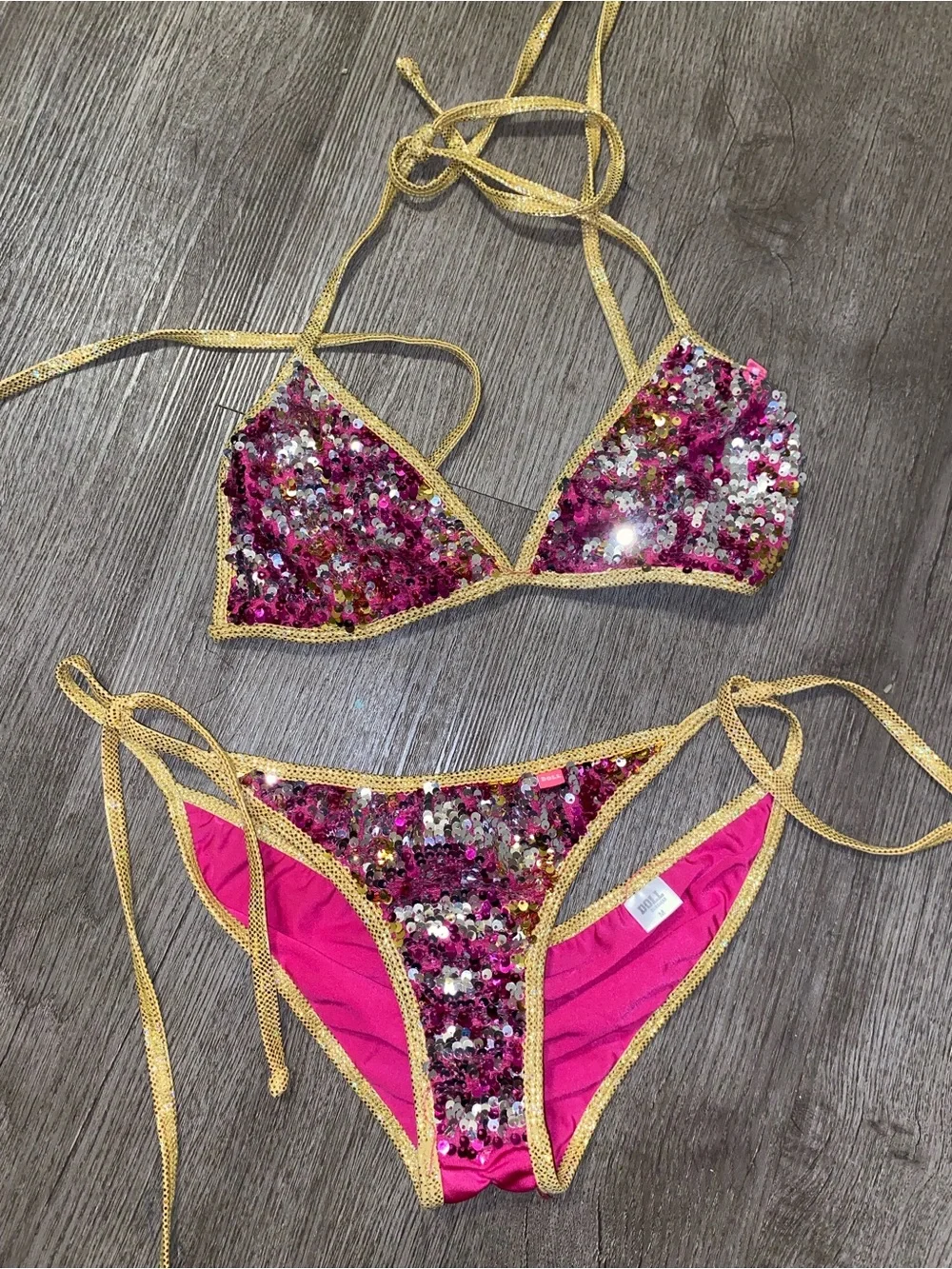Dollcake Hot Pink Sequin Bikini with Gold Trim
